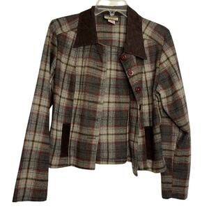 Vintage Plaid Jacket Shirt Cropped Brown Button Up Preppy Women's S Y2K